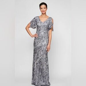 Alex Evenings Silver Floral Maxi Dress
